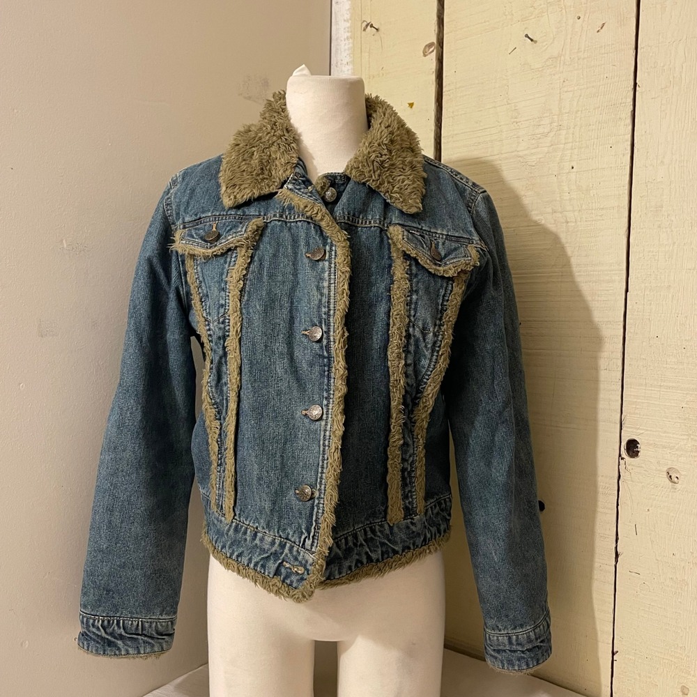 Coffee Shop Denim Womens Size Large Jean Jacket Faux Fur Trimmed‎ Blue